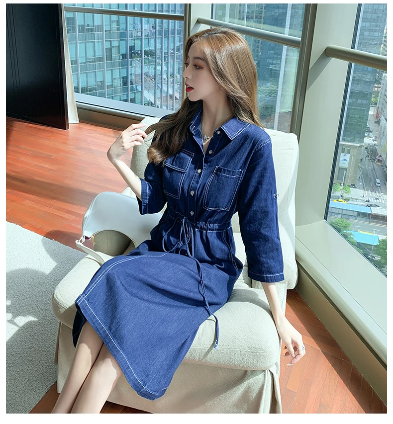 

Summer New Denim Dress Women Vintage Button Up Half Sleeve Sashes Female Slim Casual Denim Shirt Dress