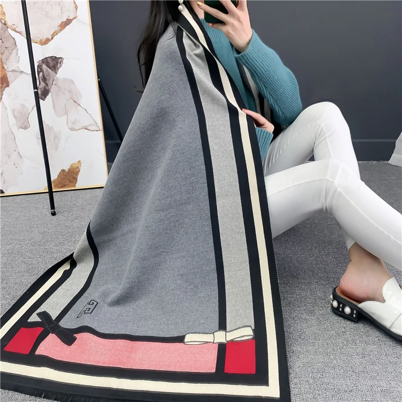 

Korean Bow Thermal Jacquard Shawl Classic Color Matching Cashmere Like Thickened Fleece Scarf Women's Fashion 180*70cm