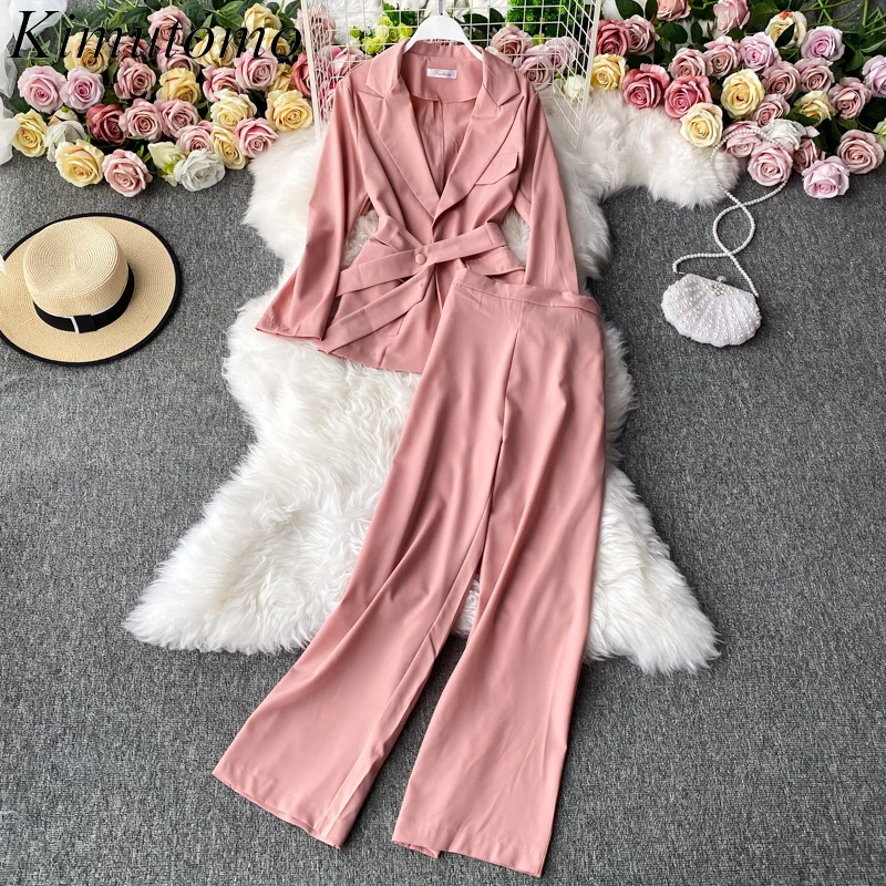 

Kimutomo Professional Suit 2021 Korea Autumn Ladies British Style With Sashes Jacket High Waist Drape Wide Leg Pants Two-Piece