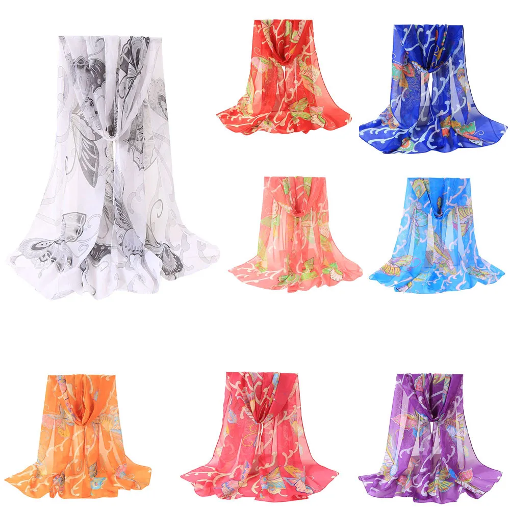 2019 fashion hot new women's poncho chiffon butterfly print long silk scarf soft wrap shawl шарф женский бандана 50* |