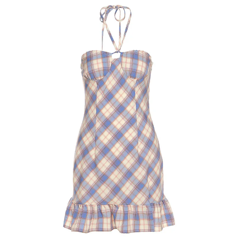 

2021 Summer Women's New Plaid Neck Tie Lotus Leaf Side Split Sexy Hip Dress