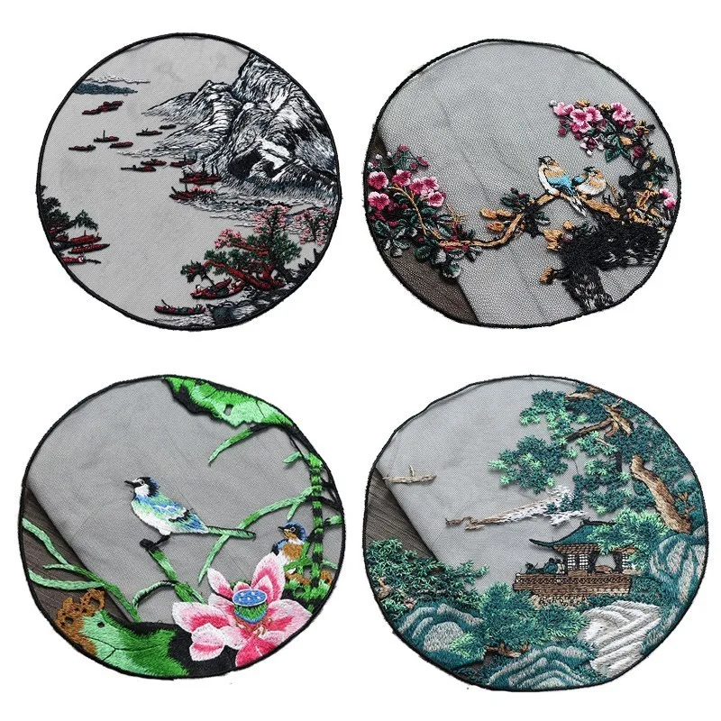 

Chinese Style Flower Floral Bird Embroidered Patches Sew on Watercolour Lotus Appliques Lace Cloth Sticker Clothes Dress Decor