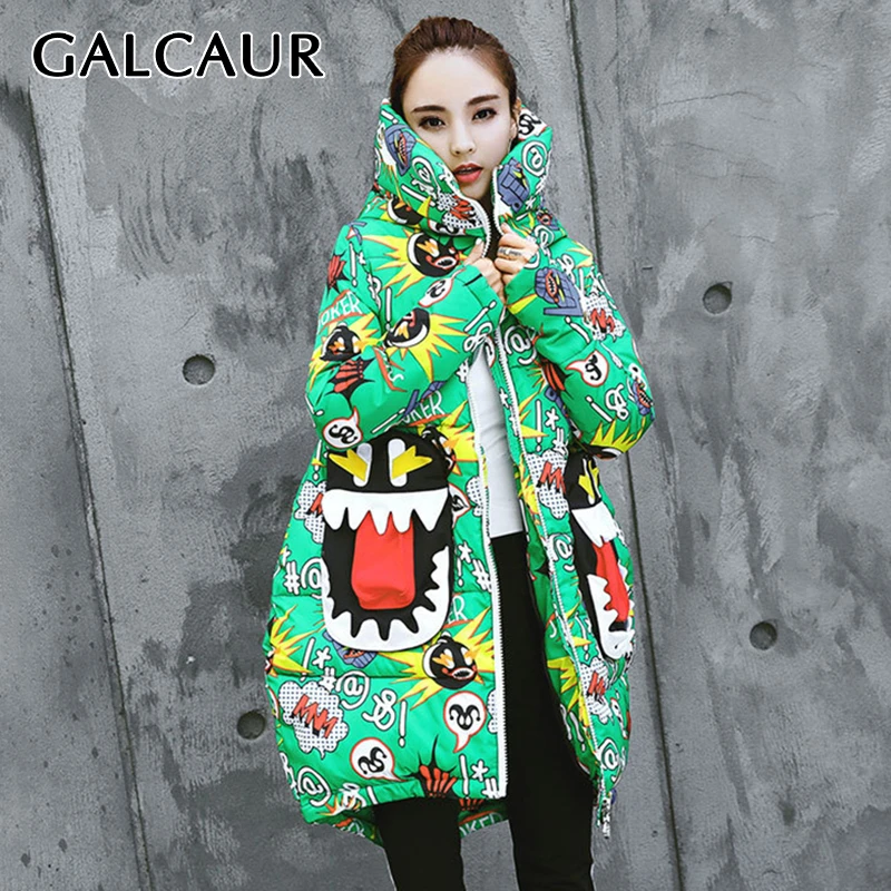 GALCAUR Print Cartoon Women's Down Jackets Hooded Long Sleeve Zipper Warm Thick Female Coats 2019 Winter Plus Size Fashion New | Женская