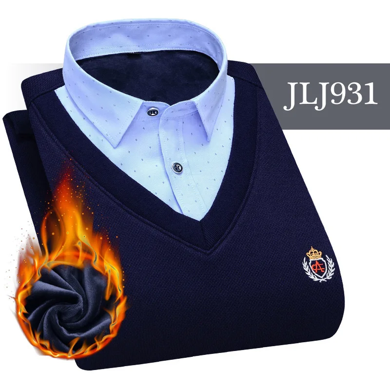 JLJ931 Мужская одежда, рубашки с вышивкой, в полоску, макет, из двух частей, платье, рубашка, имитация двойки, длинный рукав, толстый бархат, свитер, рубашки - Цвет: JLJ931