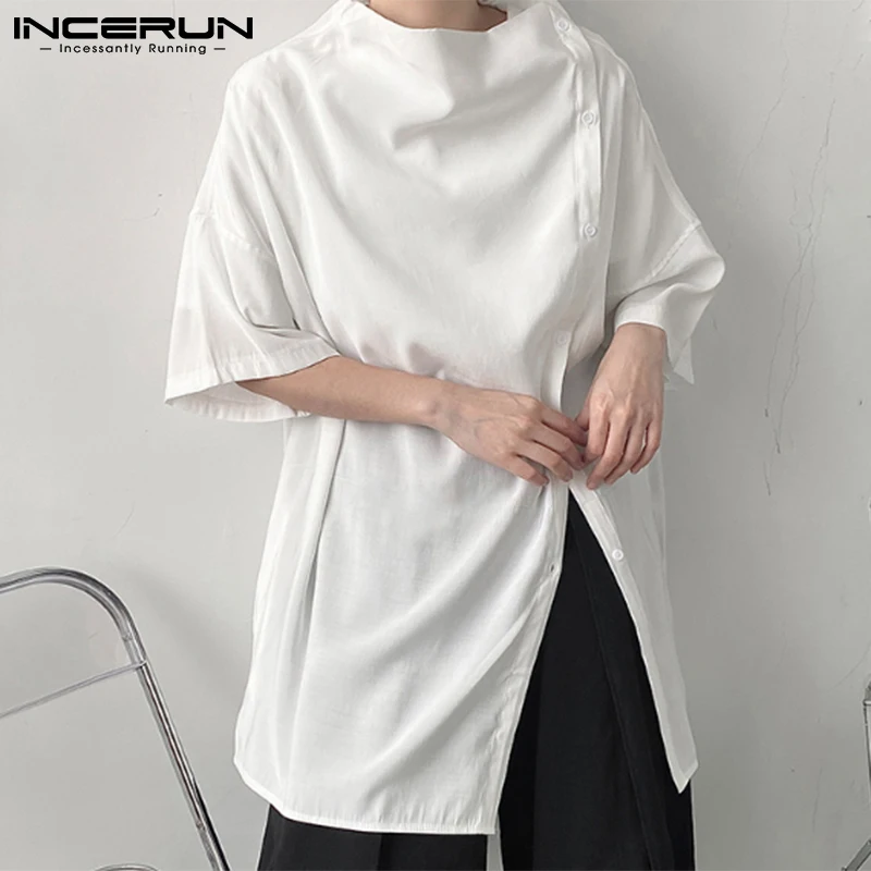 2022 Men Casual Shirt Solid Color Turtleneck Half Sleeve Streetwear Camisa Masculina Fashion Button Up Personality Tops INCERUN