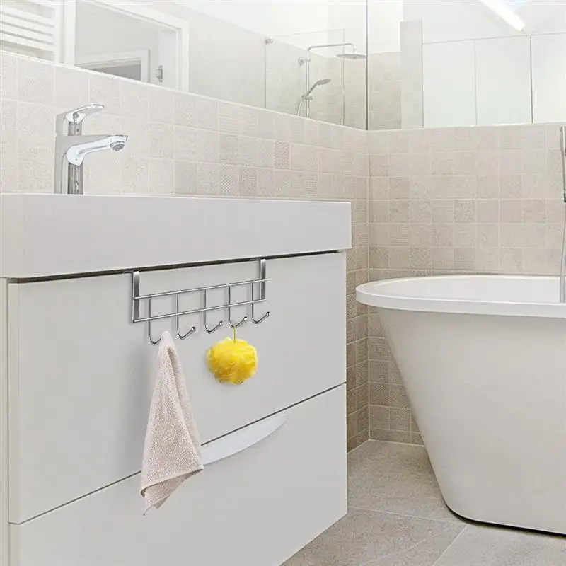 

Over The Door 5 Hooks Home Bathroom Organizer Rack Clothes Coat Towel Hanger Stainless Steel Good Load-Bearing Wrought 24.5x9cm