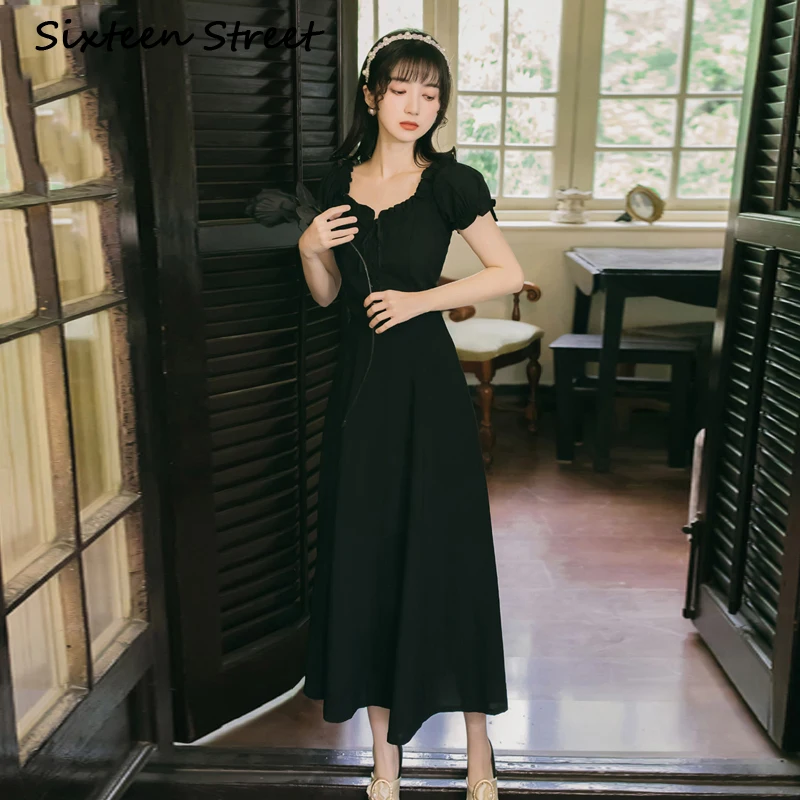 

2021 Women Long Dress Chiffon Women Dress Short Sleeve Mid-calf Fit and Flare Party Bandage Dress Elegant Summer Black