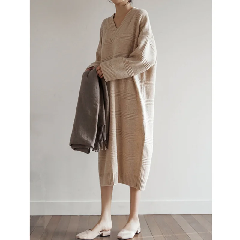 Корейский свитер с v образной горловиной платье для женщин осень зима плотные