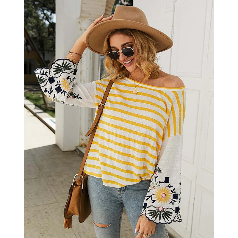 

Vinatge Striped Spring Autumn Women Blouse Casual Loose Flare Sleeve Flower Embroidery Lady Blouses W290