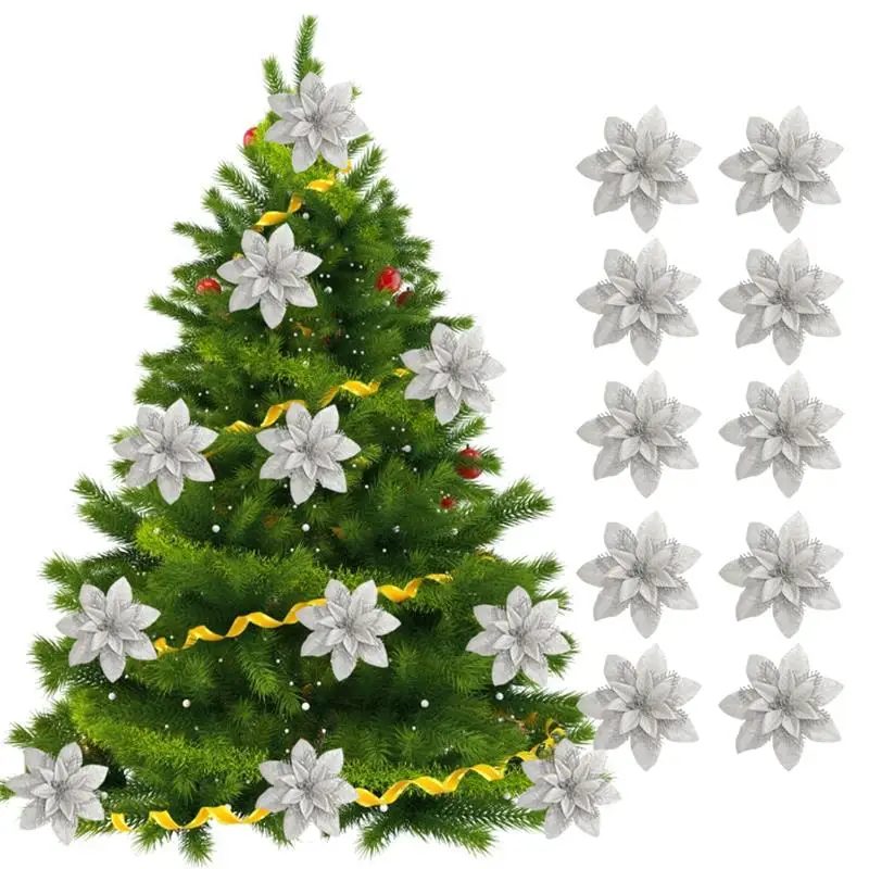 Sliver 10 шт. искусственные цветы для украшения блестки Poinsettia поддельные цветы DIY домашние свадебные декорации цветок голова Рождество - Цвет: Sliver