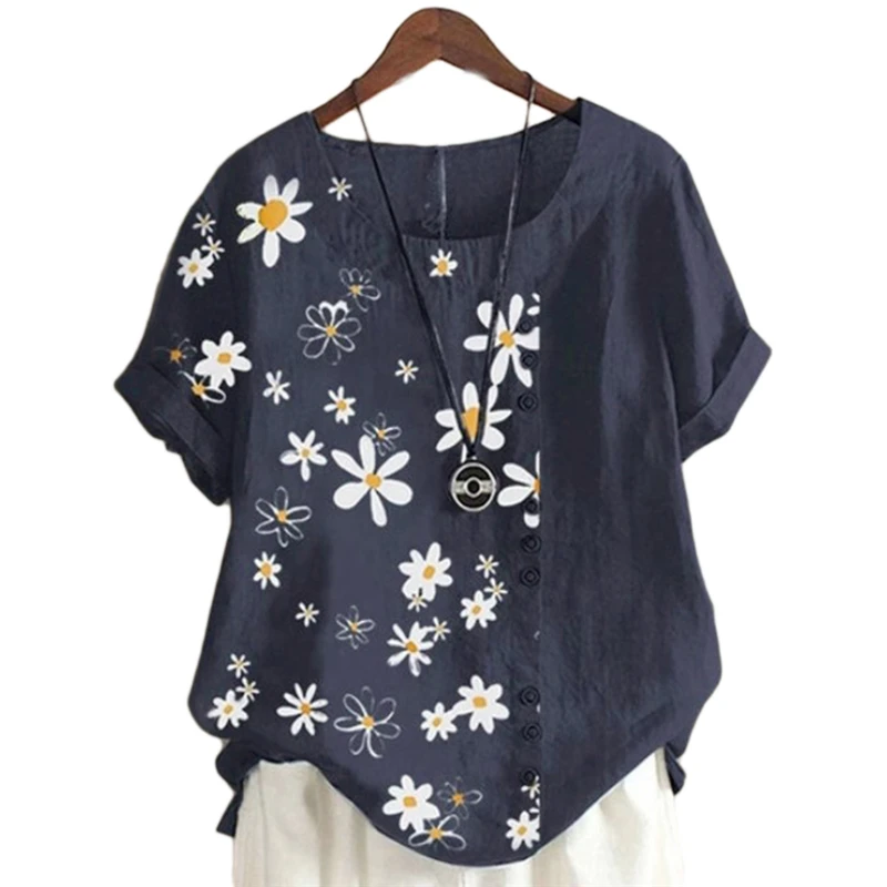 

Women 2021 Summer Daisy Print Blouse Shirt Elegant Short Sleeve Buttons pullover Tops 2XL Casual O-Neck Lady Blusa