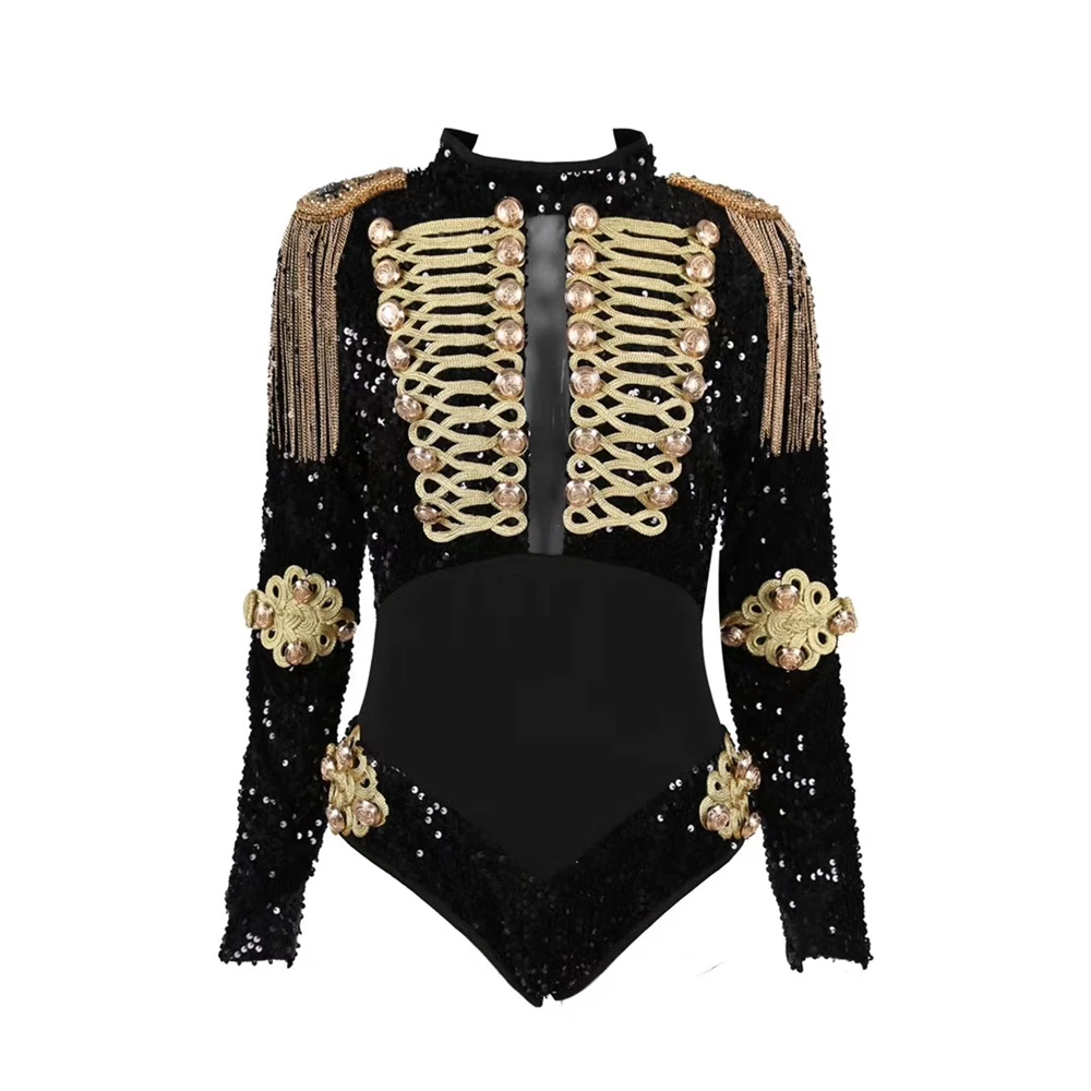 2019 New Fashion Black With Gold Patchwork Sequin Bodysuit Luxury Beads Tassel Bodycon Women Club Bodysuits Wholesale Dropship