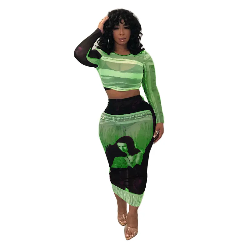 Сетчатая посмотрите на Дешевое платье с принтом и галстуком Женский комплект