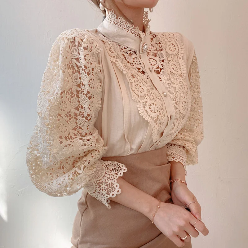 

Petal Sleeve Stand Collar Hollow Out Flower Lace Patchwork Shirt Femme Blusas All-match Women Lace Blouse Button White Top 12419