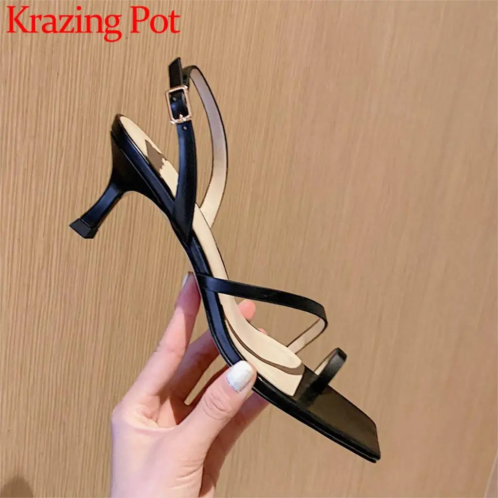 

Krazing Pot 2021 new genuine leather high heels peep toe set finger lovely flip flops street wear office lady dating sandals l65