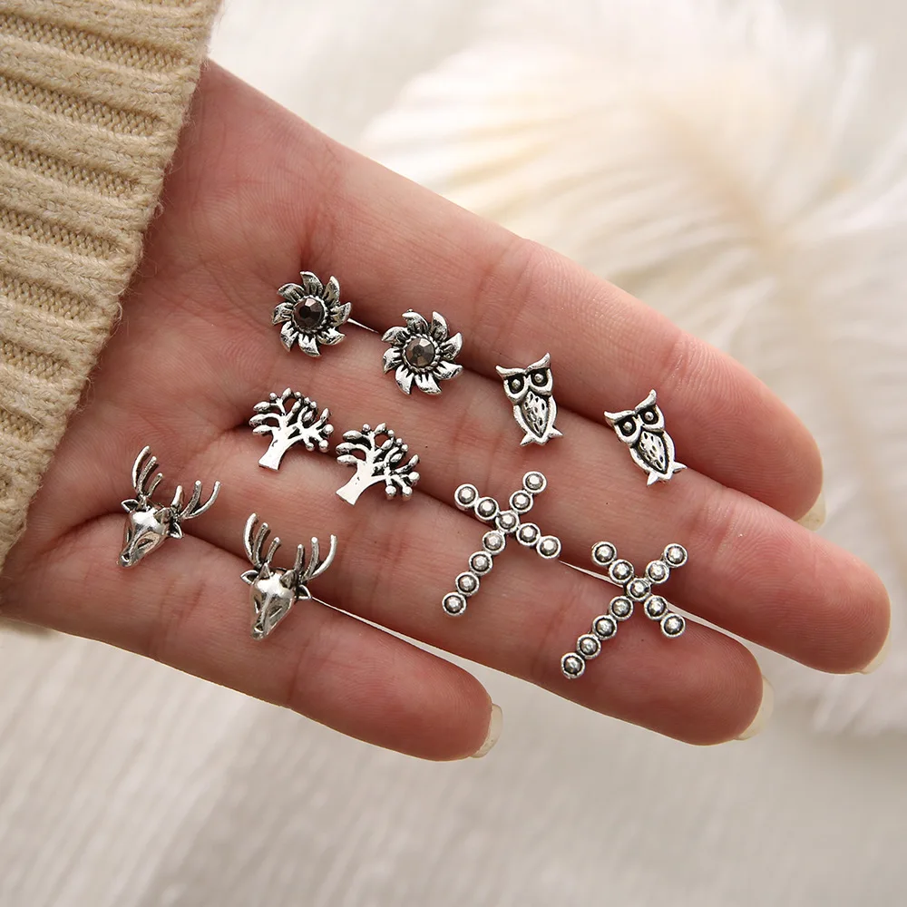 

5PCs Fashion Owl Elk Sun Tree Cross Small Ear Studs Earrings Silver