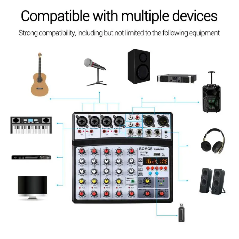 6 Channels Audio Sound Mixer With Card Mixing DJ Console USB 48V Phantom Power 16 DSP Effects Bluetooth-compatible | Электроника