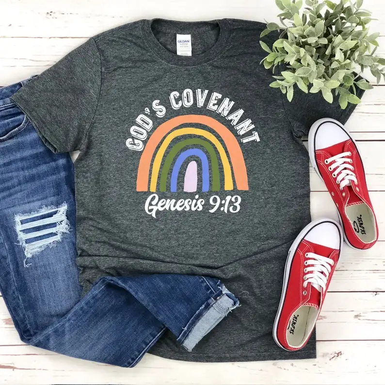 

Rainbow Christian Rainbow Genesis 9:13, womens mens shirt Fashsion Letter Cotton Female Clothing O Neck Short Sleeve Tees goth