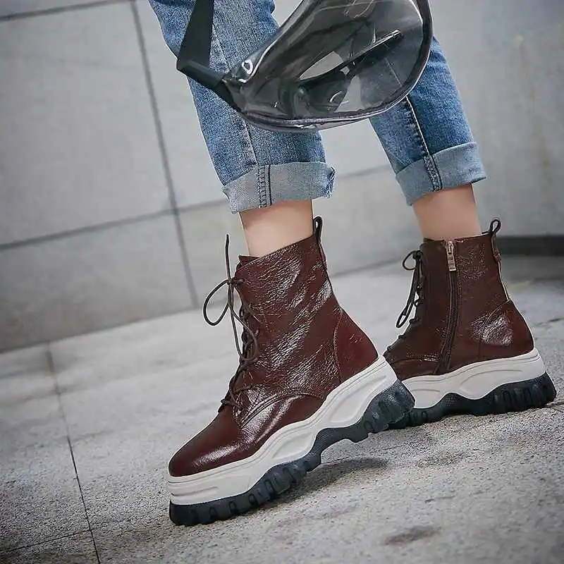 

Lenkisen new mixed colors genuine leather casual shoes lace up round toe thick bottom non-slip winter warm women ankle boots L00