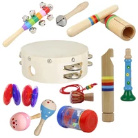 10pcsset orff wooden musical instrument set hand tambourine rain sound tube flute rattle barbell maracas necklace castanet