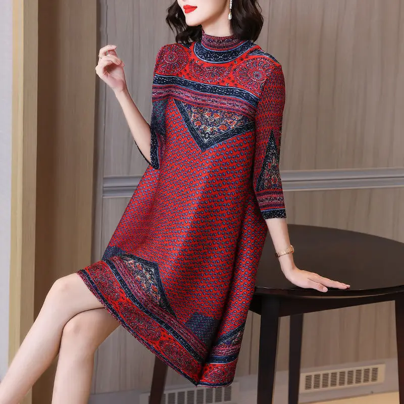 Women Dress Temperament Age-proofing Printed Large Size Women's Pleated 2023 Early Autumn Fashion Dress New Small Mother Dress