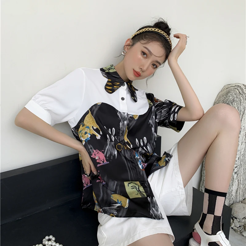 

XIZIHUPAN Casual Loose Print Shirt For Women Lapel Short Sleeve Hit Color Straight Blouses Female Summer Fashion New 2021 Tide