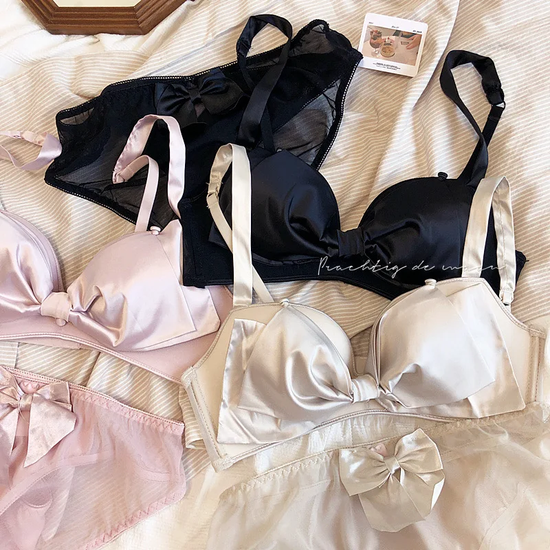 

Sweet Satin Detachable Bow Wire Free Seamless Young Girls Lingerie Suit Push Up Bralette Women Sexy Bra Set Pure Color Underwear