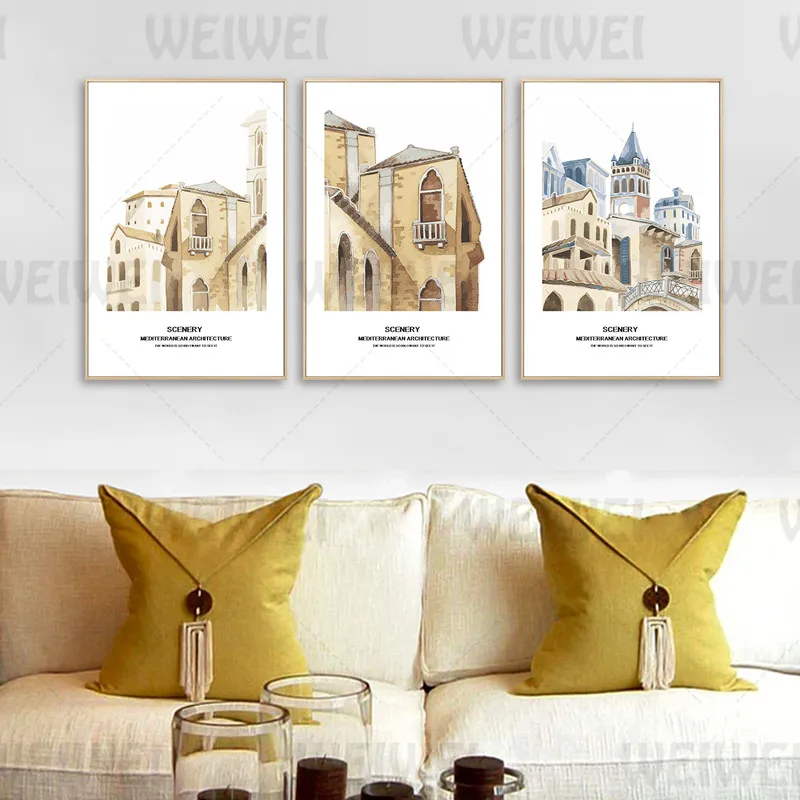 

European Architecture Home Decoration Painting Watercolor Retro Feeling Still Life Living Room Wall Canvas Poster Bedroom Print