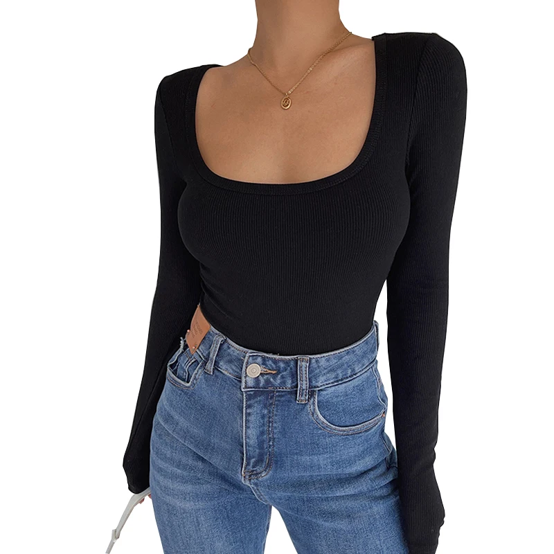 

Футболка женская с длинным рукавом, однотонная тянущаяся облегающая Базовая рубашка с круглым вырезом, пикантный топ с глубоким вырезом, ...