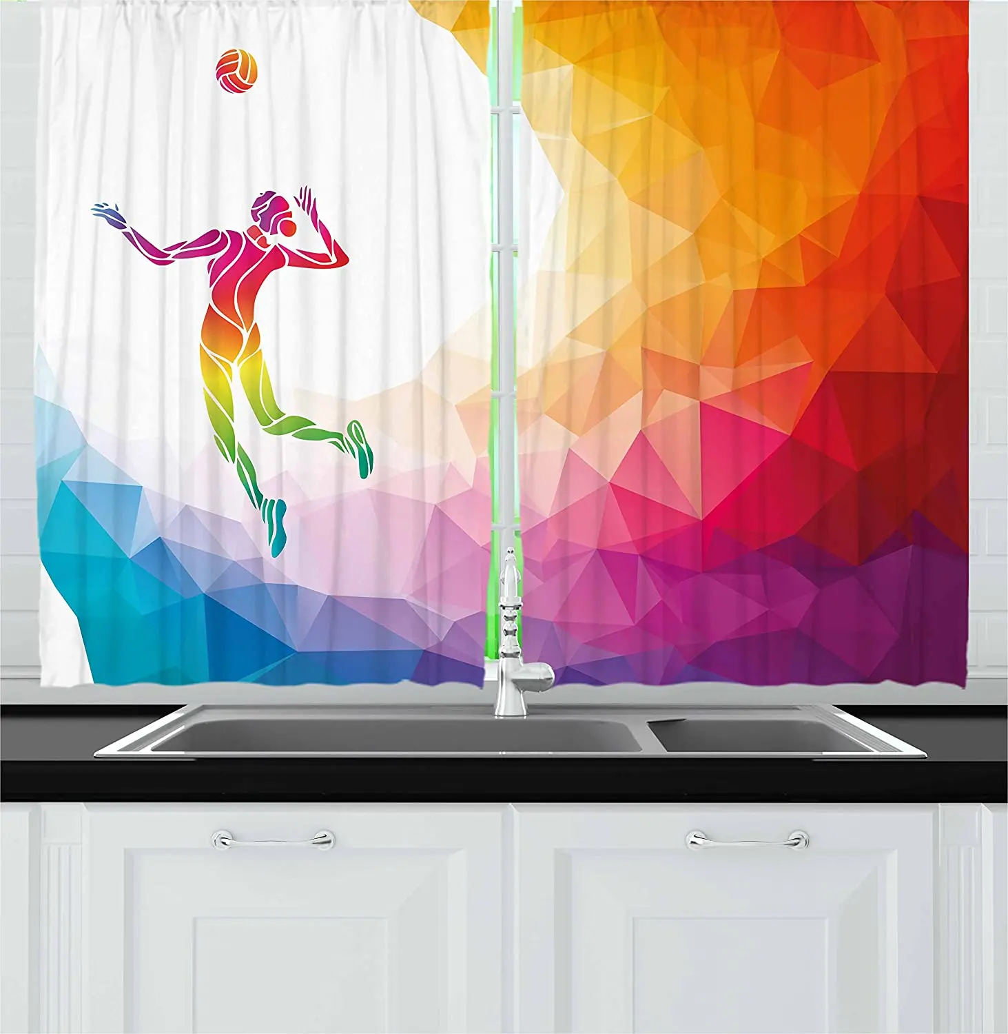 

Волейбольная кухонная занавеска s разноцветный многоугольный фон треугольники с прыжками женщина бросает мяч оконная занавеска