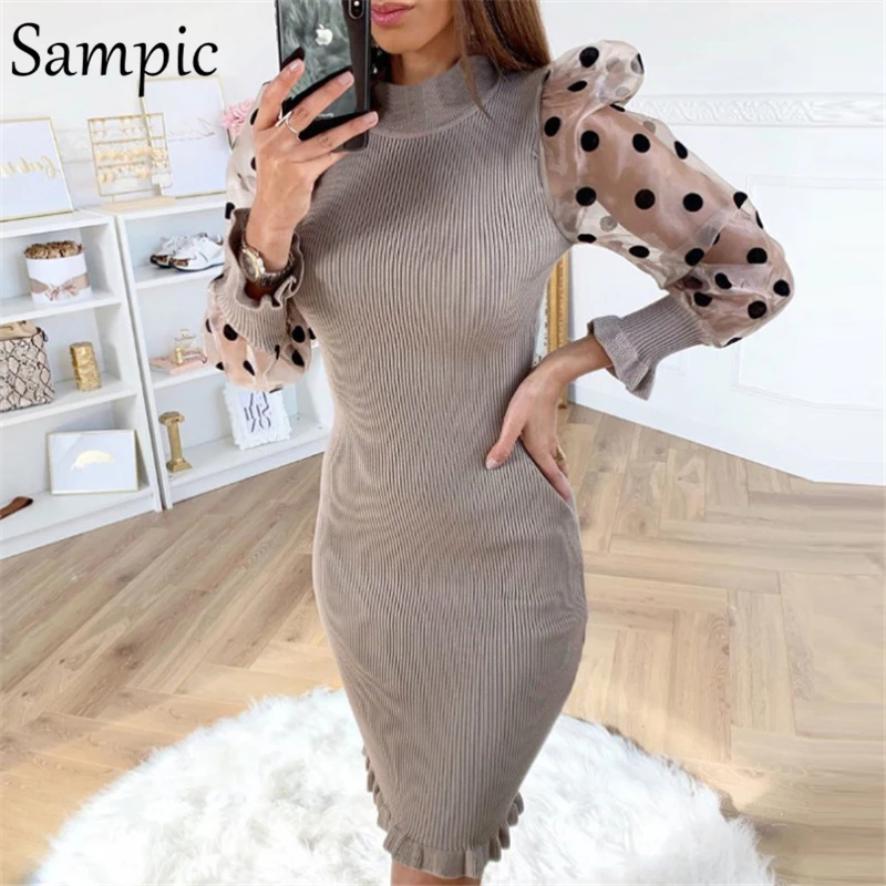 Женское платье свитер в горошек Sampic повседневное облегающее Сетчатое с длинными