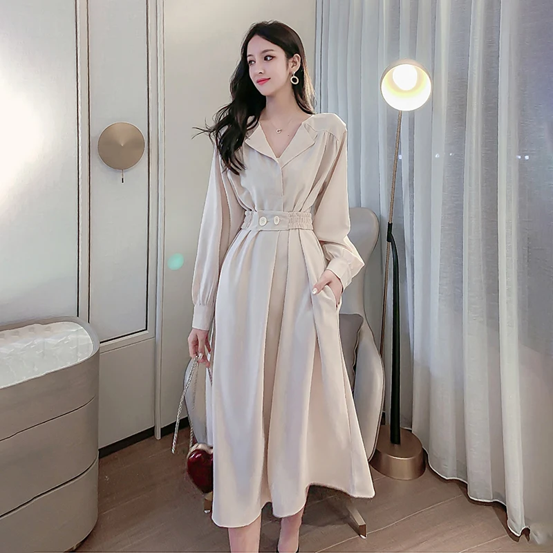 

Dress Women 2021 Spring Plus Size Dresses Elegant A-Line Vestidos Solid Long Sleeve Empire V-Neck Office Ladies Bandage Dress