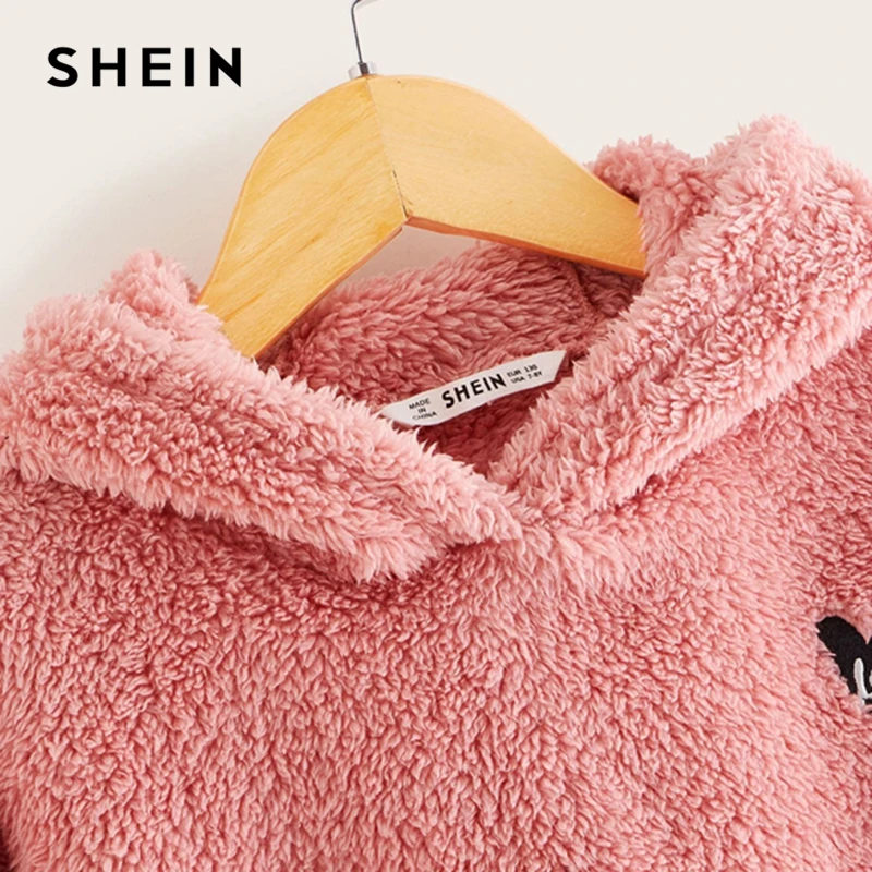 SHEIN Kiddie розовый вышитый спереди Повседневный плюшевый худи детские топы Весна длинный рукав подростковые Осенние милые свитшоты