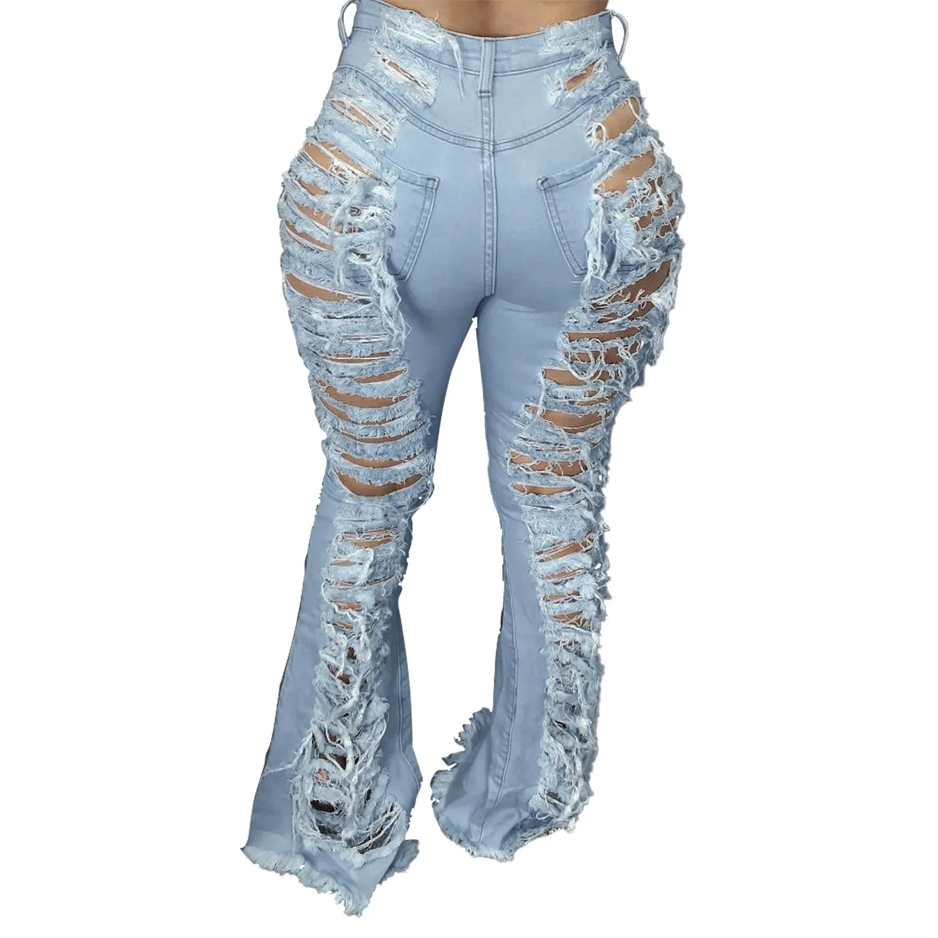 

2021 New Hottest Sexy Holes Women Jeans Hollow Out Ripped Tassels High Waist Bell Bottom Full Length Fashion Jeans Flare Pants