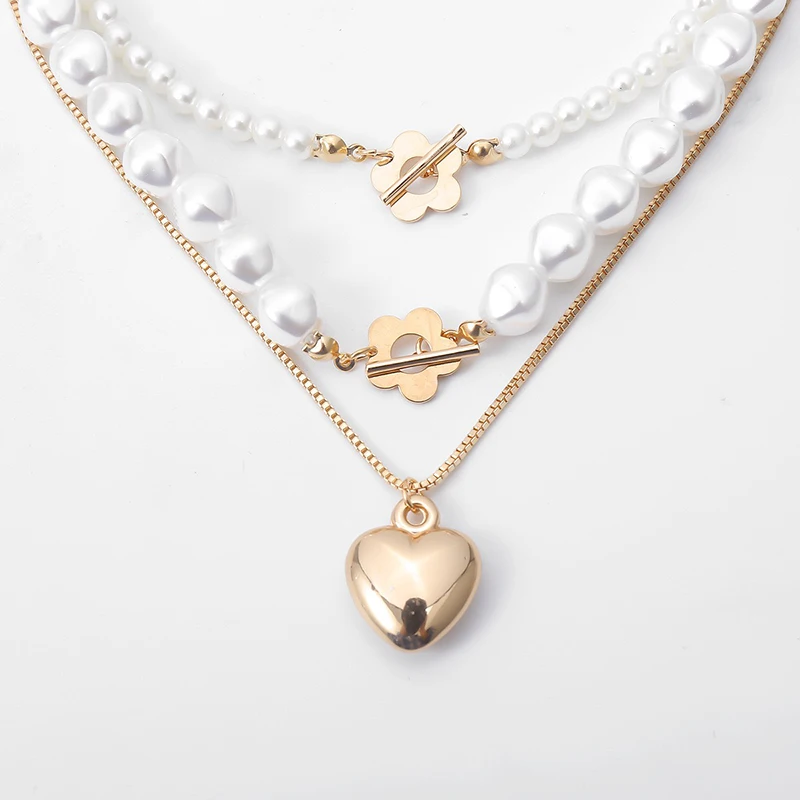 

Women's Multilayer Necklace Pearl Pendant Punk Imitation Pearl Heart Pendant Necklace Women 2021 Jewelry Wholesale