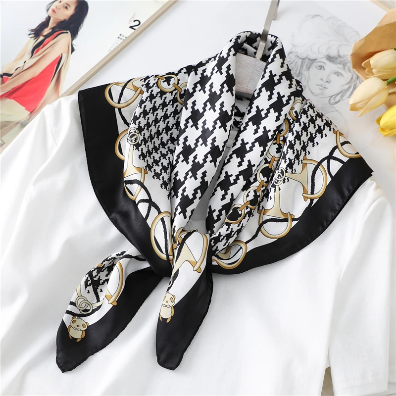 

2021 New Women Silk Scarf Square Hair Band Plaid Print Foulard High Quality 70*70cm Neck Scarves Shawls Lady Wraps