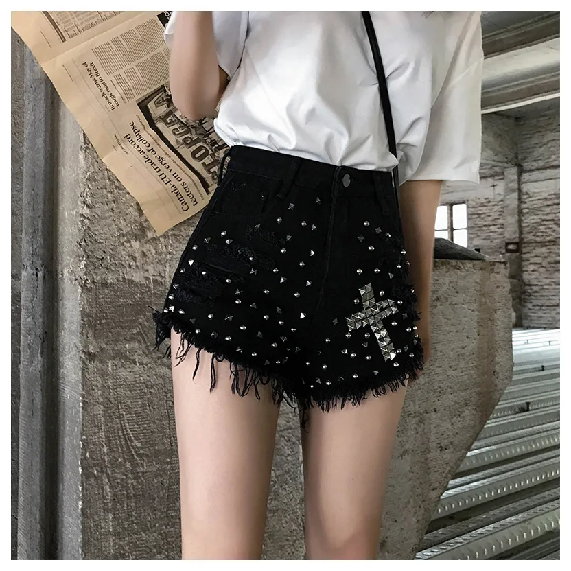 

2021summer new products street style high waist slimming ripped hot pants rivet jeans shorts fashion women's jeans women clothes