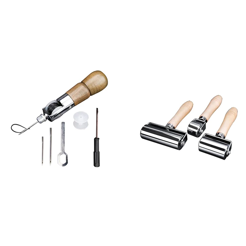 

3 Pcs Leather Tool Wooden Hand Press Roller (26Mm+60Mm+100Mm) & 1 Set Wood Handle Leather Sewing Awl Kit