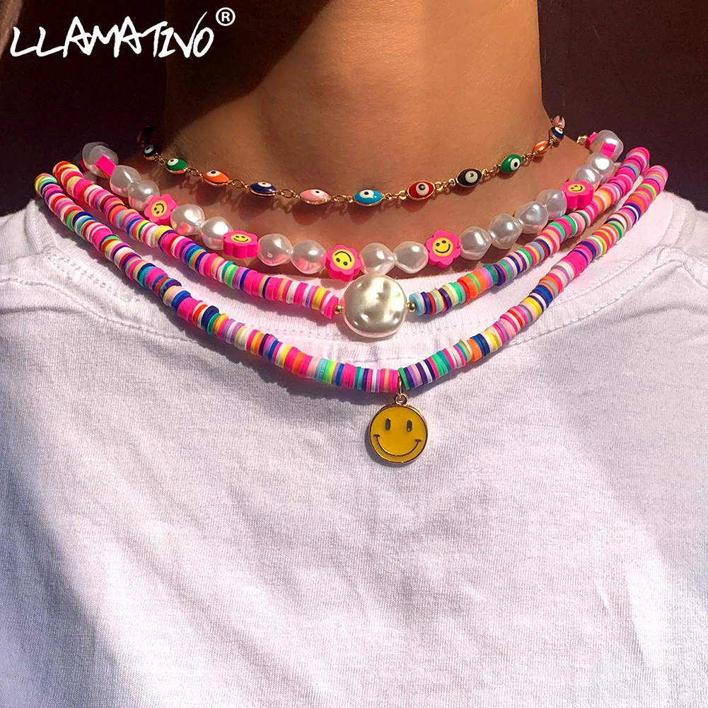 

Boho Smiley Face Irregular Pearl Polymer Clay Beaded Necklace For Women Handmade Colorful Flower Beads Choker Necklaces Jewelry