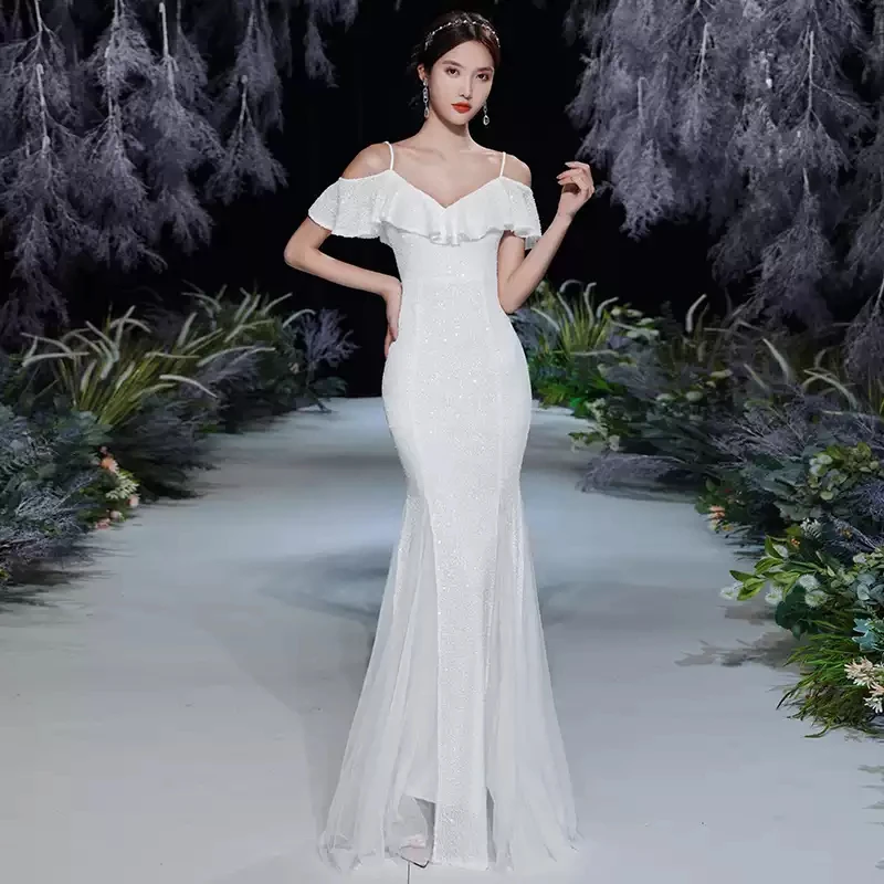 

Evening Dress V-Neck Sequins Simple White Ruffles Short Sleeve Pleat Floor-length Mermaid Plus size Women Formal Party Gown C761