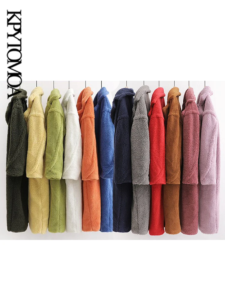 KPYTOMOA Women Fashion Thick Winter Warm Faux Fur Teddy Coat Women Vintage Long Sleeve Pockets Female Outerwear Chic Overcoat