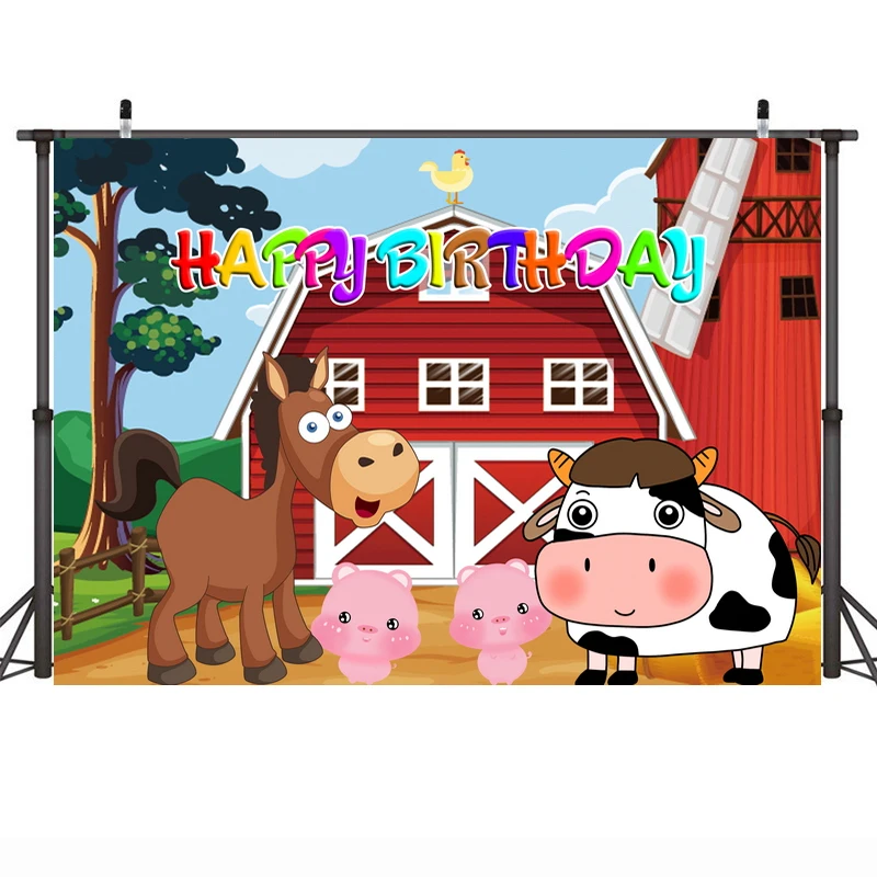

Customize Cartoon Pink Pig Family Backdrop Kids Happy Birthday Party Photo Background Newborn Baby Shower Farm Cow Banner Studio