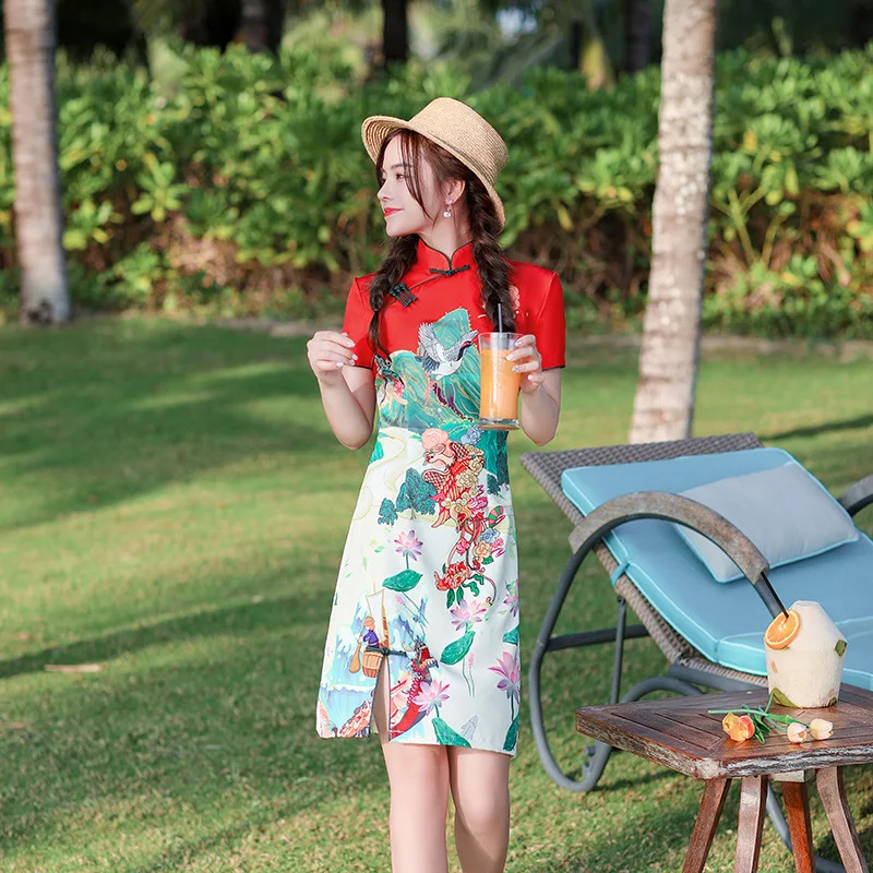 

Sexy Crane Flower Printed Satin Mini Qipao Chinese Style Short Sleeve Handmade Button Cheongsam Oriental Dress For Women