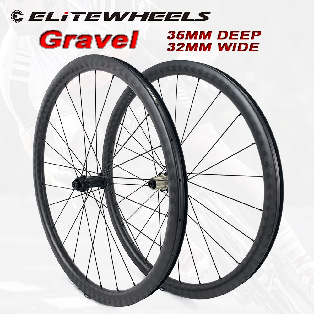 ELITEWHEELS Gravel 700c Disc Brake Bike Carbon Wheel 32*35mm Tubeless Ready Bicycle Carbon Rim RD05 Hub And Pillar 1423 Spoke