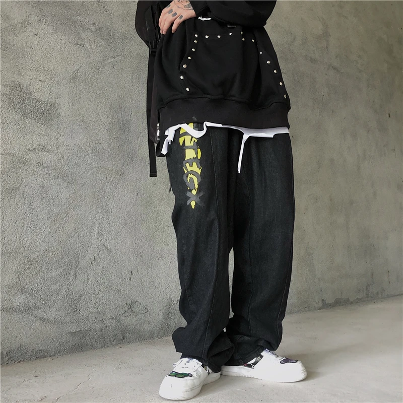 

Jeans Printing Leisure Loose Wide-Legged Pants Original Accused Ins Tide Restoring Ancient Ways Cartoon Men Denim Clothing Male