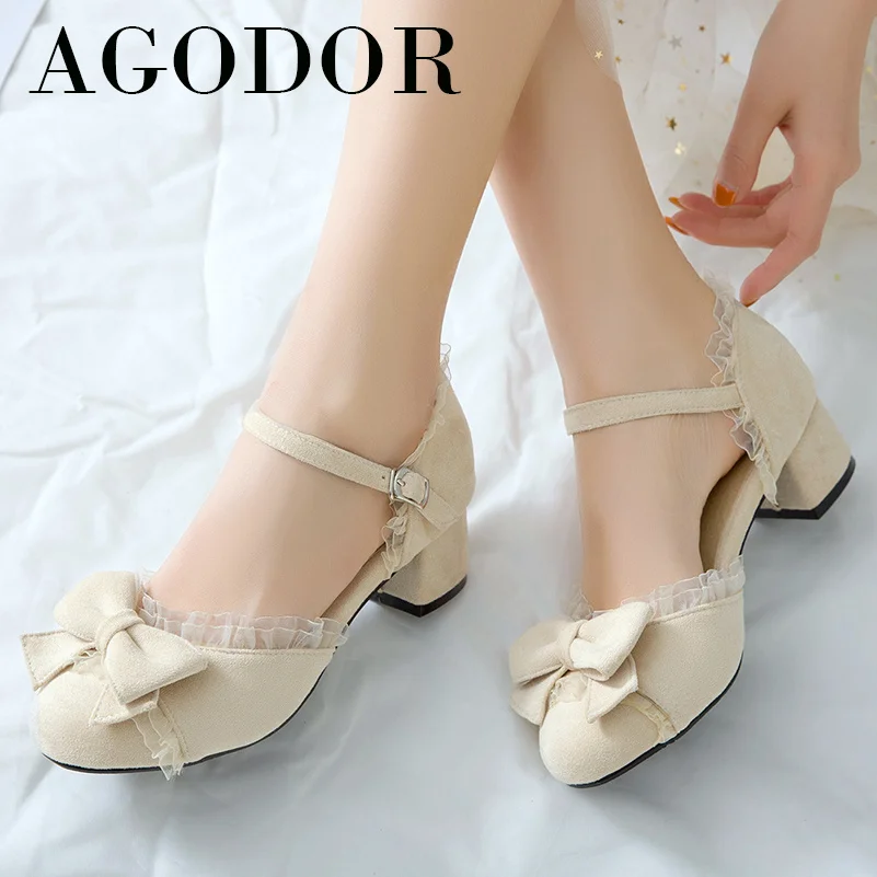 

AGODOR Med Heels Two Piece Lolita Shoes Women Bow Chunky Heel Dress Pumps Buckle Ladies Sweet Footwear Cosplay Beige Big Size 43