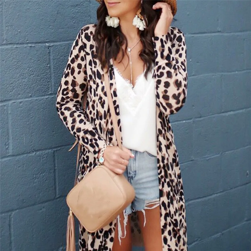 Женский кардиган с леопардовым принтом топы длинным рукавом вязаная верхняя