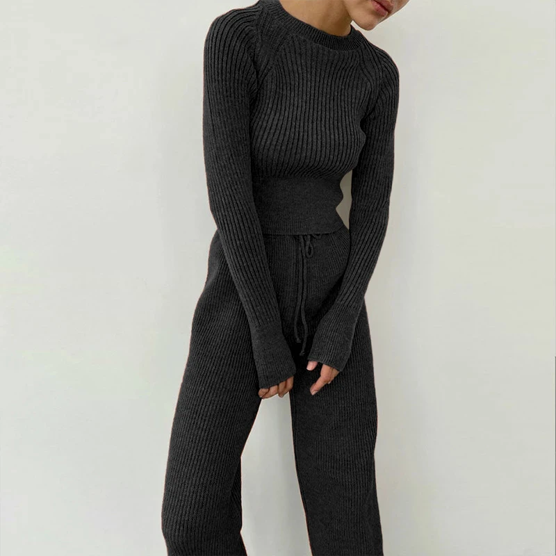 

2021 Women's Knitted Sweater Solid Color Round Neck Long Sleeve Outfits Y2K Casual Striped Suit Warm Two Piece Sets Tracksuit