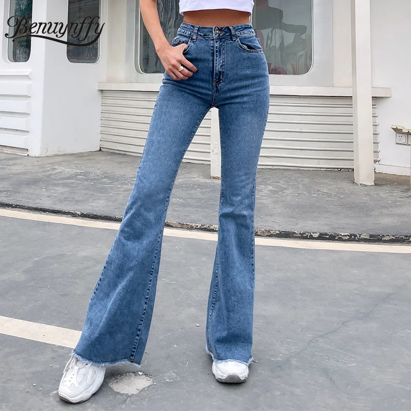 

Benuynffy Button Fly Women's Raw Hem Flare Jeans Autumn Fashion Woman Denim Pants Jean Femme High Waist Full Length Slim Jeans