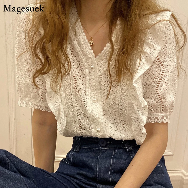 

Женская ажурная блузка на пуговицах, элегантная Свободная блузка кроше с оборками и коротким рукавом, модель 2021 на лето, 14821